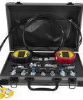 Heavy Duty Hydraulic Pressure Test Kit With Digital Gauges 10000 PSI And 70 MPa 11 Couplings 2 Test Hoses Versatile Excavator And Construction Machinery Hydraulic System Diagnostic Tool For Maintenance And Safety in a black case open to display contents.