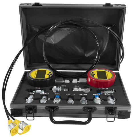 Heavy Duty Hydraulic Pressure Test Kit With Digital Gauges 10000 PSI And 70 MPa 11 Couplings 2 Test Hoses Versatile Excavator And Construction Machinery Hydraulic System Diagnostic Tool For Maintenance And Safety in a black case open to display contents.