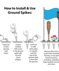 Installation guide for Heavy Duty Ground Stakes Torch Stand For Outdoor Tiki Torches with illustrations and flag setup.