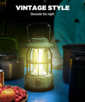 LED Camping Lantern With USB C Rechargeable Battery Stepless Dimming Vintage Portable Light on outdoor table