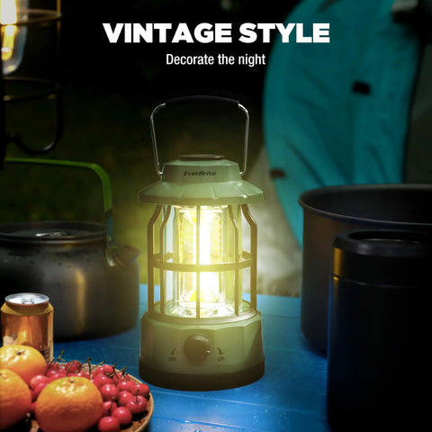 LED Camping Lantern With USB C Rechargeable Battery Stepless Dimming Vintage Portable Light on outdoor table