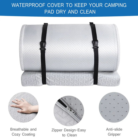 Memory Foam Camping Pad 3 Inch Thick Soft Sleeping Pad With Waterproof Cover rolled up showing anti-slide gripper.