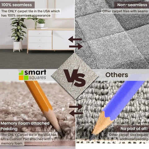 Comparison of Premium Plush Carpet Tiles With Built In Padding 18x18 Inch Peel And Stick Floor Tiles For DIY Install Seamless Soft Flooring