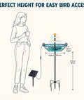 Illustration of Solar Powered Bird Bath Fountain with Stake Stand, solar panel, and dimensions for garden patio yard use