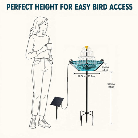 Illustration of Solar Powered Bird Bath Fountain with Stake Stand, solar panel, and dimensions for garden patio yard use