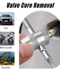 All In One Tire Valve Stem Removal Tool Set With 20 Valve Cores And 10 Caps shown removing valve core from tire