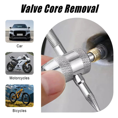 All In One Tire Valve Stem Removal Tool Set With 20 Valve Cores And 10 Caps shown removing valve core from tire
