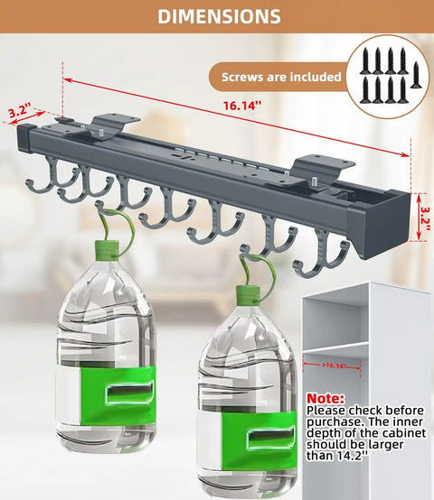 Pull Out Broom And Mop Holder With Sliding Double Row Hooks Multifunctional Wall Or Cabinet Storage Organizer showing dimensions and load capacity.