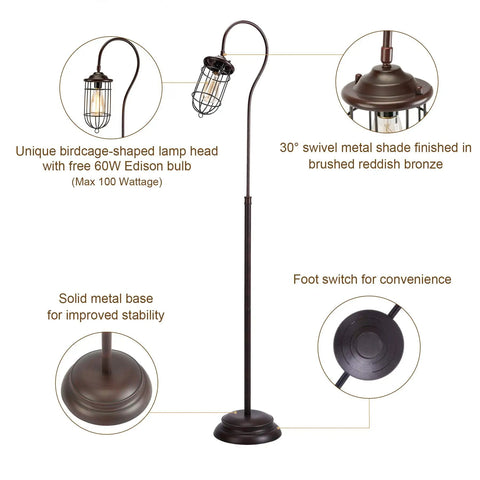 Industrial Floor Lamp With Adjustable Cage Shade, 62 Inch Tall Lantern Style Light In Brushed Reddish Bronze Finish, Rustic Modern Floor Lamp For Living Room, Bedroom Or Office, ETL Certified, showing design features like cage shade, brushed finish, and foot switch.
