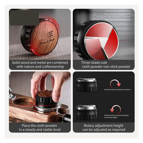 Premium Coffee Distributor And Tamper Leveler For Home Baristas features wood and metal design with adjustable height for 51mm 58mm portafilters.