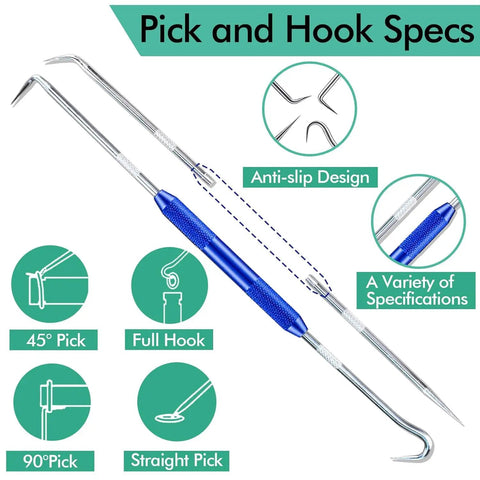 Pro Grade Hydraulic O Ring Kit With 420 Pieces For ORS ORFS Fittings In Nine Sizes From One Quarter To Two Inches Buna N 70A O Ring Seal Kit With Pick For Easy Removal And Replacement showing pick and hook tool with specs.