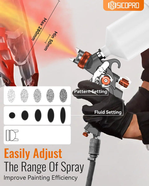 Precision HVLP Spray Gun For Auto Paint Jobs, Equipped With A WideTip Nozzle, showing adjustment settings for spray pattern and fluid.