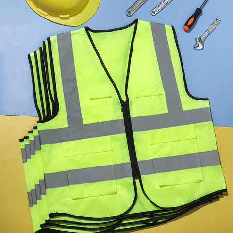 Straight Up Heavy Duty Reflective Safety Vests Bulk 100 Pack With Zipper And Utility Pockets Fluorescent Green high-visibility vests laid flat.