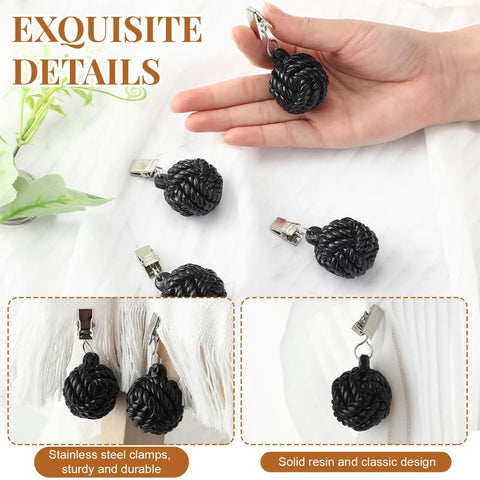 24 Pack Outdoor Curtain And Tablecloth Weights Black Heavyweight Ball Clips with resin cast iron design and metal clips.