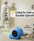 Industrial Air Mover Fan For Water Damage Restoration And Carpet Drying, 1/2 HP, 2800 CFM, Heavy Duty Floor Dryer in use