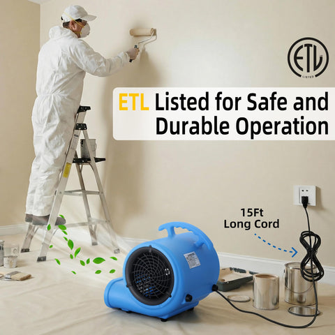 Industrial Air Mover Fan For Water Damage Restoration And Carpet Drying, 1/2 HP, 2800 CFM, Heavy Duty Floor Dryer in use