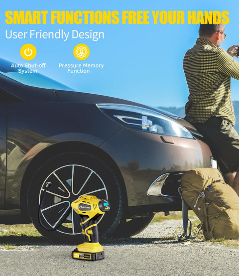 Roadside Ready Cordless Tire Inflator Portable Air Compressor 20V Rechargeable Battery Powered Car Pump with 12V DC Adapter