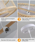 Close-up details of Boho Rattan Pendant Light 15.8 Inch Coastal Drum Hanging Fixture with natural wicker and E26 socket.