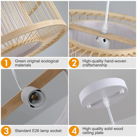 Close-up details of Boho Rattan Pendant Light 15.8 Inch Coastal Drum Hanging Fixture with natural wicker and E26 socket.