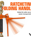 Heavy Duty Ratchet Load Binders Two Pack with Fold Down Safety Handles, showing ratcheting mechanism and folding handle.