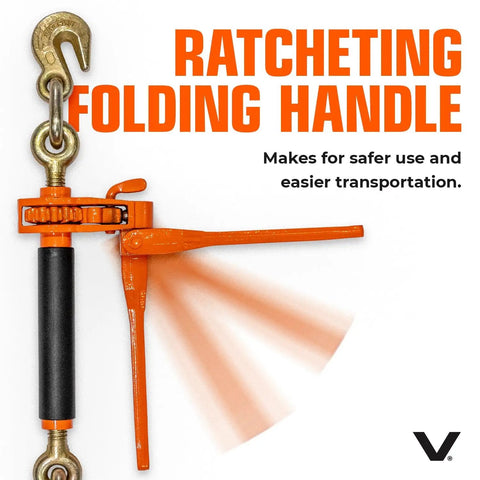 Heavy Duty Ratchet Load Binders Two Pack with Fold Down Safety Handles, showing ratcheting mechanism and folding handle.