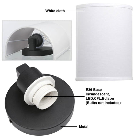 White Fabric Boho Wall Sconce For Hallways And Stairwells 1 Light Vanity Indoor Hardwired Modern Wall Mount Retro Vintage Interior Lamp With A Half Moon Shade For Bedroom And Living Areas, showing detailed E26 base and white cloth shade.