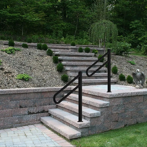 Sturdy Metal Outdoor Stair Handrail For One To Three Steps Single Post Wrought Iron Design Matte Black Rust Proof Railing on stone steps