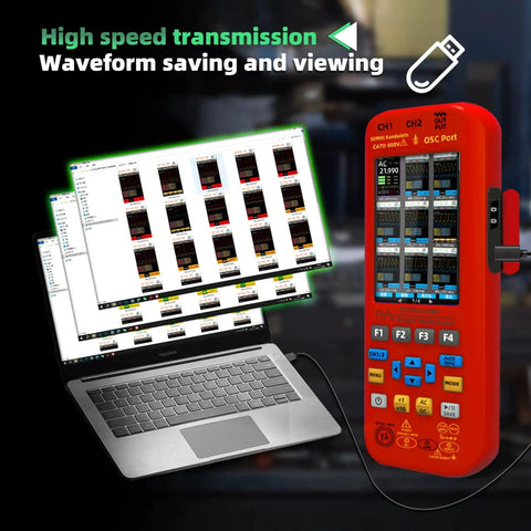 Image of 2 Channel Digital Handheld Oscilloscope With 50MHz Bandwidth And 250MSaS Real Time Sampling connected to a laptop.