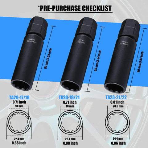 Thick Wall 10 Spline Lug Nut Key Set, 3 Piece Lug Nut Socket Tool for Cars, Trucks, SUVs, Heavy Duty Alloy, TA23-21/22, TA20 Series