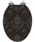 Elongated Gothic Resin Toilet Seat for Bathroom with embossed dark floral pattern and chrome fittings.