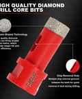 Red diamond hole saw bit for porcelain tile; close-up view shows the diamond-coated tip and brazed matrix.
