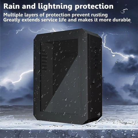 Wall Mount EV Charger Protector Box Waterproof Security Enclosure With Combo Lock Black Shell in rain, showing durability and weatherproof design.