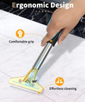 Heavy Duty 4 Inch Scraper Tool With Ten Extra Metal Blades in use on tile floor demonstrating ergonomic grip and angle.