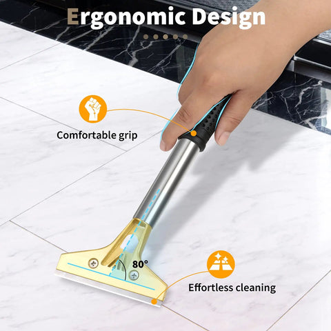 Heavy Duty 4 Inch Scraper Tool With Ten Extra Metal Blades in use on tile floor demonstrating ergonomic grip and angle.