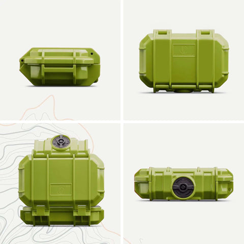 Badass Mil Spec Waterproof Dry Box Case For Cameras Camping And Survival Gear IP67 Crushproof Floating Design Usa Made Rugged Green shell from multiple angles.
