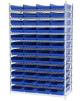 Heavy Duty Shelf Bins For Garage And Closet Organization, Built To Last Plastic Storage Bins Great For Drawers And Cabinets, 24 Inch By 11 Inch By 4 Inch, Blue, Set Of 6 For Versatile Under Sink And Shelf Storage fully stocked on metal shelving displaying blue bins.