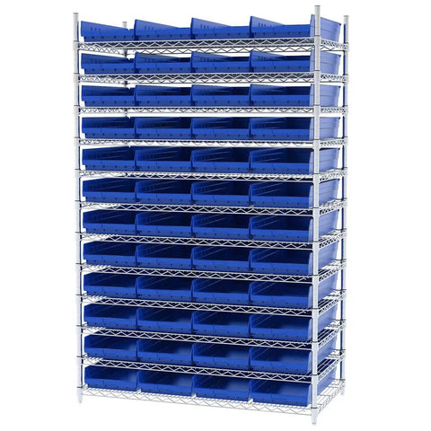 Heavy Duty Shelf Bins For Garage And Closet Organization, Built To Last Plastic Storage Bins Great For Drawers And Cabinets, 24 Inch By 11 Inch By 4 Inch, Blue, Set Of 6 For Versatile Under Sink And Shelf Storage fully stocked on metal shelving displaying blue bins.