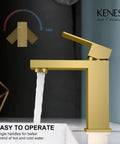 Brushed Gold Bathroom Faucet With Single Hole Lavatory Vanity, Modern Single Handle Sink Faucet Gold in use with water flowing.