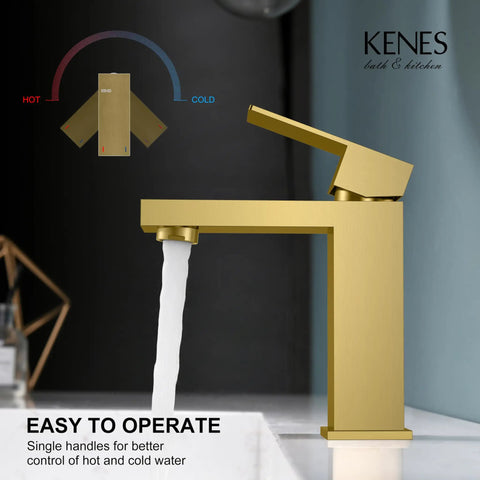 Brushed Gold Bathroom Faucet With Single Hole Lavatory Vanity, Modern Single Handle Sink Faucet Gold in use with water flowing.