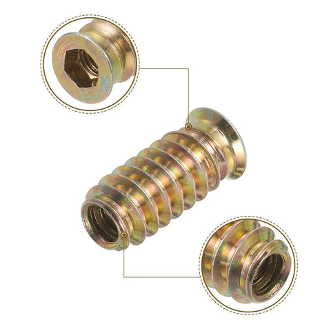 Solid M6 X60mm Hanger Bolts And Heavy Duty Self Tapping Wood Dowel Screws Coupled With Eight M6 Hex Inserts close-up view of hex insert