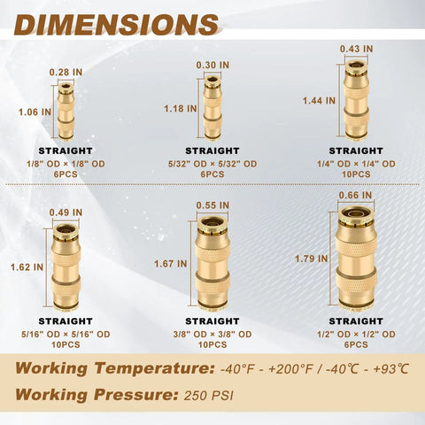 Dimensions of Push To Connect Brass Air Line Fittings Kit 48 Pcs DOT Unions For Air Suspension And Brake Systems