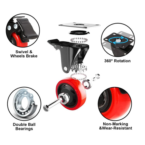 Exploded front view of ZEGXUSW 1.5in polyurethane caster wheels, 4-pack with brake and swivel plate