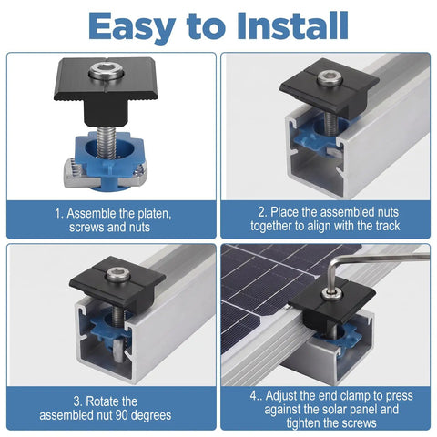 Installation steps of 10 Piece Mid Clamp Kit For Solar Panels Compatible With Unistrut Rails 30mm And 35mm Aluminum Brackets Black.