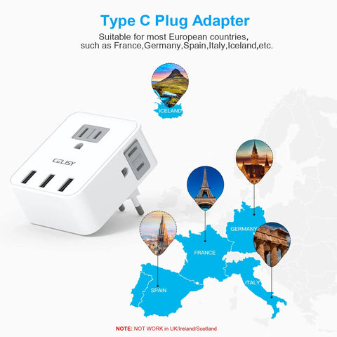 Six In One European Travel Plug Adapter With Three US Outlets And Three USB Ports Type C Converter For US To Europe Travel