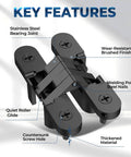 Heavy Duty Invisible Door Hinges 180 Degree Swivel Black Four Pack Solid Zinc Alloy Cabinet Hardware with key features highlighted.