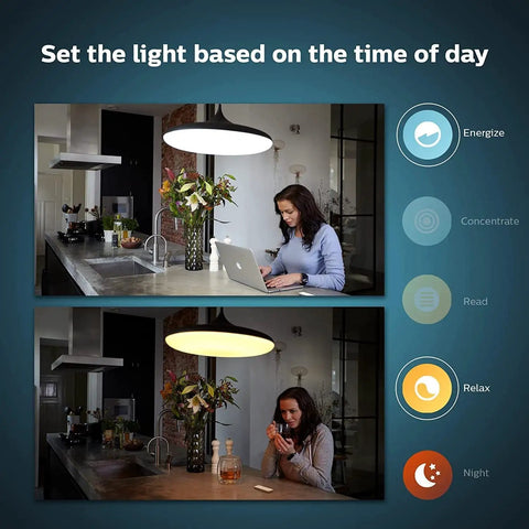 Woman using Smart Wireless Dimmer Switch V2 for Hue Lights, showing lighting changes from work to relaxation settings.
