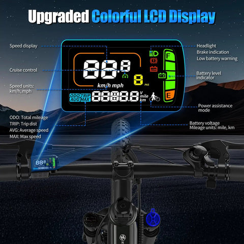 Color LCD display of Powerful 1000W Peak Electric Bike For Adults, 26 Inch Ebike With 22 MPH Top Speed, black model.