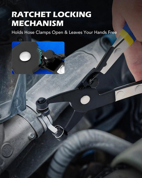 Boss Grade 34 Piece Coolant Vacuum Refill And Pressure Diagnostic Tester Kit With Universal Adapters, ratchet locking mechanism holds hose clamps.
