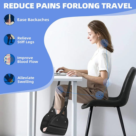 Woman using Adjustable Memory Foam Airplane Foot Hammock Rest for Long Flights Under Seat Leg Support at desk.