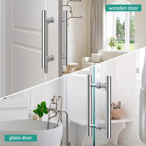 24 Inch Barn Door Handle Built Like A Tank With Heavy Duty 304 Stainless Steel Smooth Gliding Pull Bar on wood and glass doors.